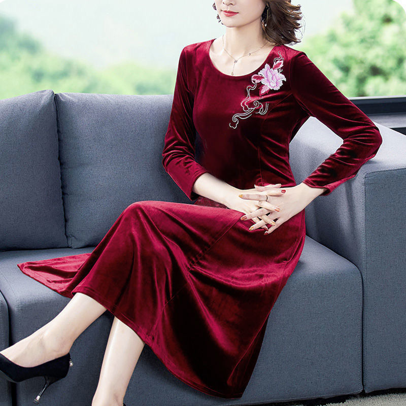 New Round Neck Gold Velvet Dress Women'S Mid-Length