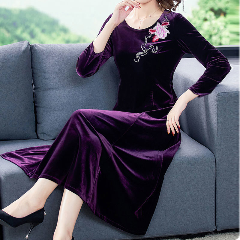 New Round Neck Gold Velvet Dress Women'S Mid-Length