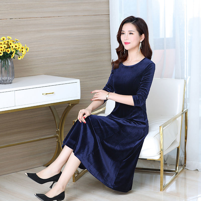 New Round Neck Gold Velvet Dress Women'S Mid-Length