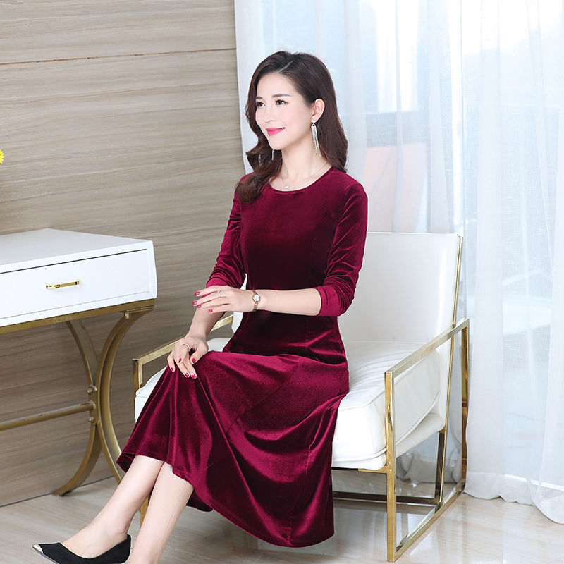 New Round Neck Gold Velvet Dress Women'S Mid-Length