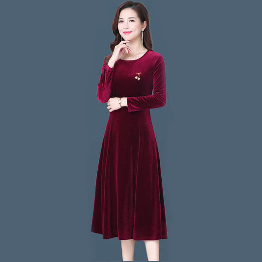 New Round Neck Gold Velvet Dress Women'S Mid-Length