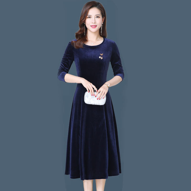 New Round Neck Gold Velvet Dress Women'S Mid-Length