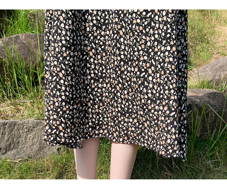 Women's Mid Length Dress Women's Waist Thinner Sleeves Over The Knee V Neck Floral Skirt