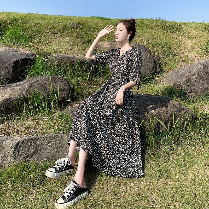 Women's Mid Length Dress Women's Waist Thinner Sleeves Over The Knee V Neck Floral Skirt