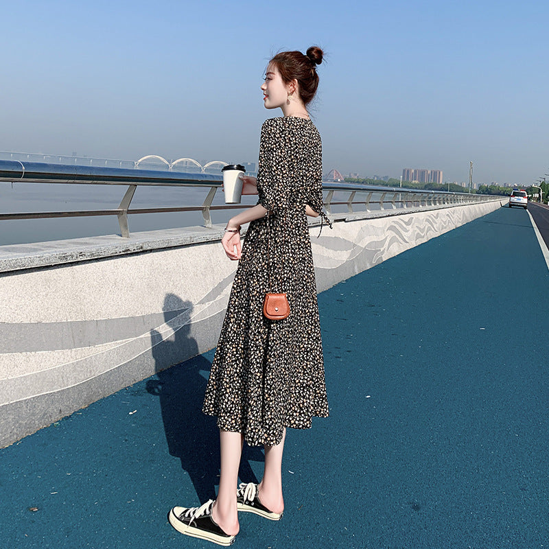 Women's Mid Length Dress Women's Waist Thinner Sleeves Over The Knee V Neck Floral Skirt