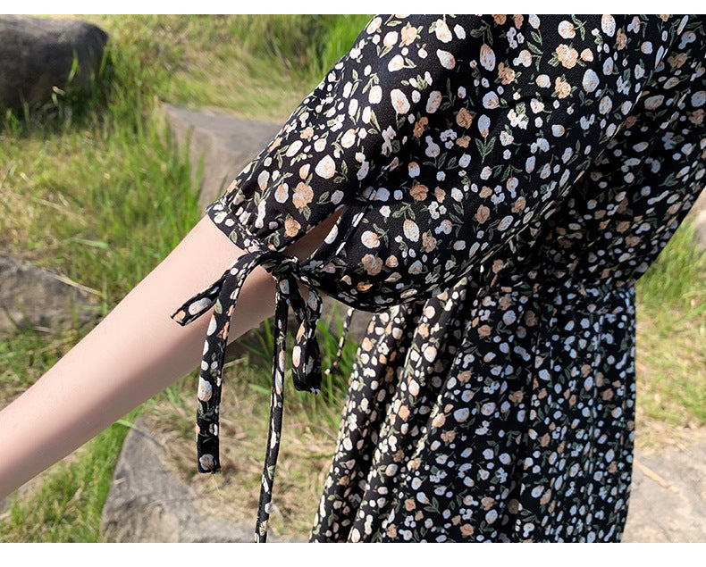 Women's Mid Length Dress Women's Waist Thinner Sleeves Over The Knee V Neck Floral Skirt