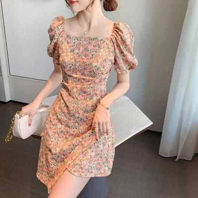 Summer new style French puff sleeve square neck floral dress with waist and thin irregular skirt women