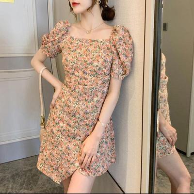 Summer new style French puff sleeve square neck floral dress with waist and thin irregular skirt women