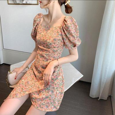 Summer new style French puff sleeve square neck floral dress with waist and thin irregular skirt women