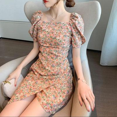 Summer new style French puff sleeve square neck floral dress with waist and thin irregular skirt women