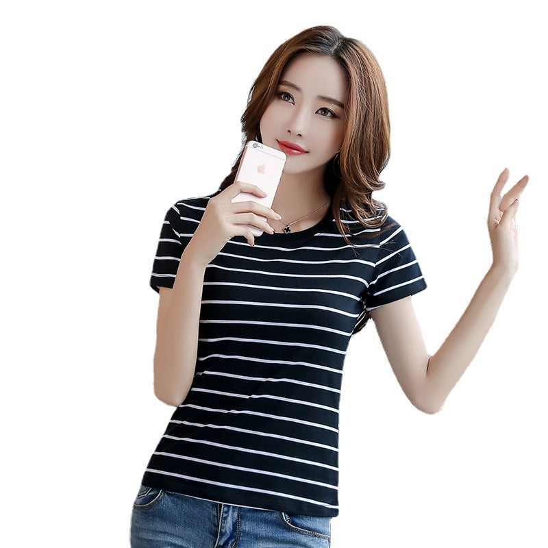 Black And White Striped T-shirt Women's Short-sleeved Slim Slimming Loose