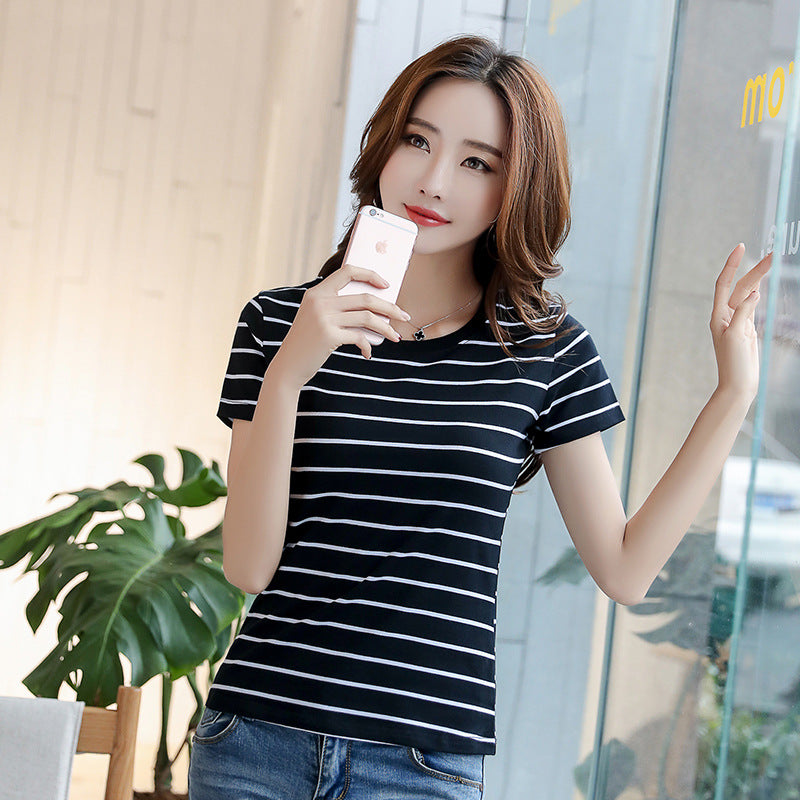 Black And White Striped T-shirt Women's Short-sleeved Slim Slimming Loose