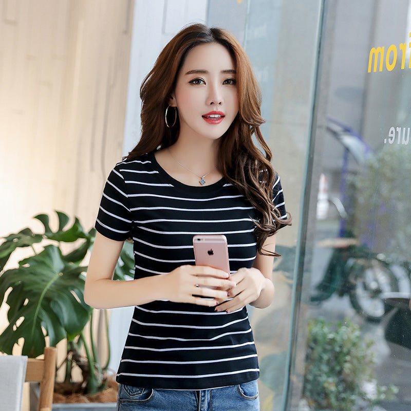 Black And White Striped T-shirt Women's Short-sleeved Slim Slimming Loose