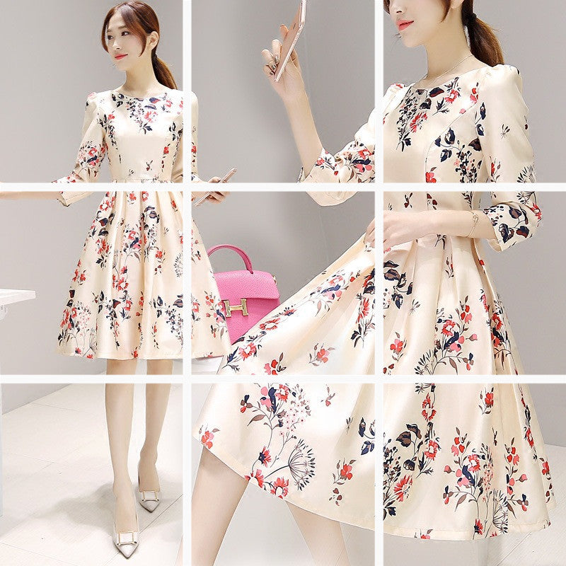 Summer New Three-Quarter Sleeves Puffy Skirt Mid-Length Temperament Bottoming Slim Dress