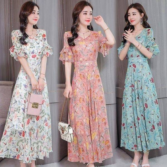 Lotus Leaf Sleeve High Waist Over The Knee Super Fairy Plus Size Floral Short Sleeve Dress