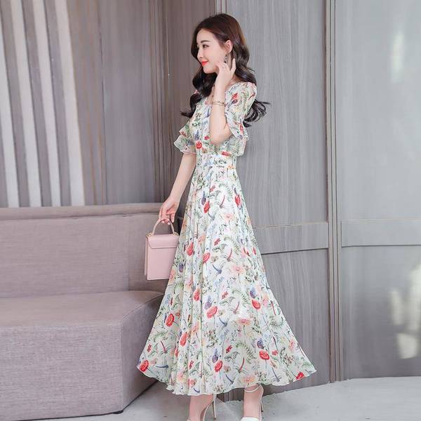 Lotus Leaf Sleeve High Waist Over The Knee Super Fairy Plus Size Floral Short Sleeve Dress