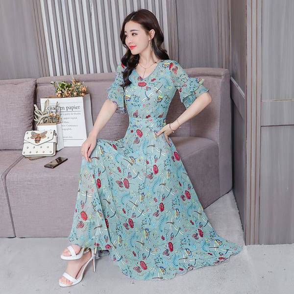 Lotus Leaf Sleeve High Waist Over The Knee Super Fairy Plus Size Floral Short Sleeve Dress