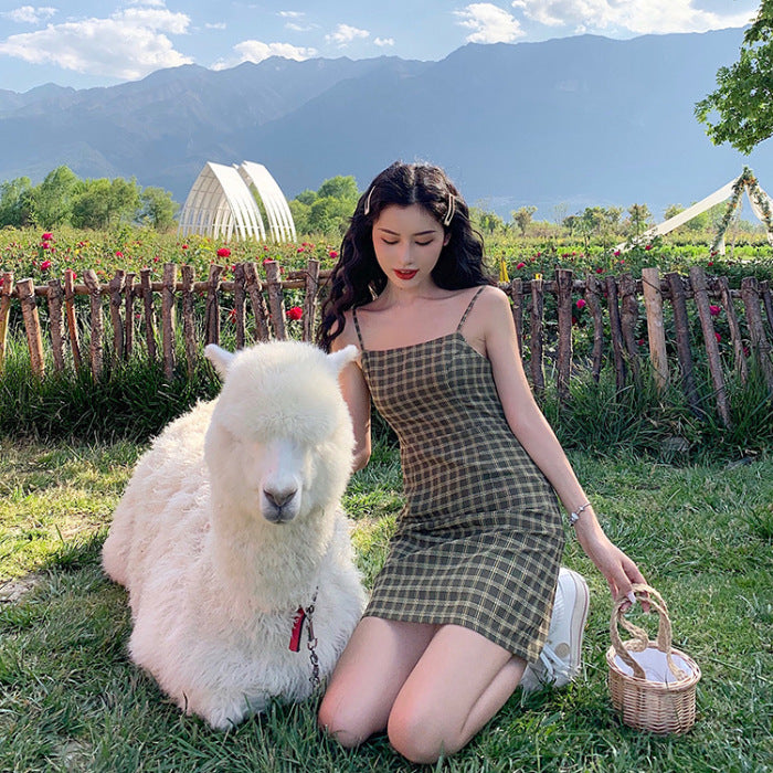 Early Spring Korean Version Of The New Avocado Green Retro Plaid Suspender Skirt