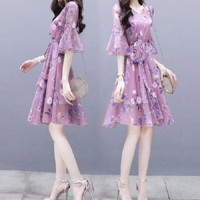 Careful Machine Gentle Wind Broken Flower Chiffon Dress New Summer Skirt Fairy Super Xiansen Series Slim Waist