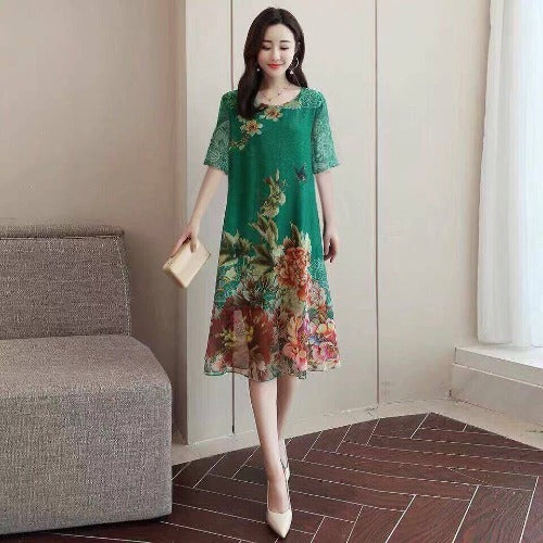 Mom'S Loose And Thin Floral Chiffon Skirt