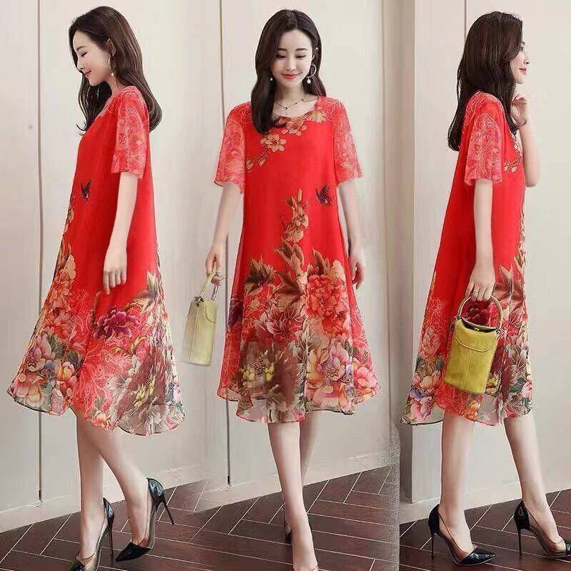 Mom'S Loose And Thin Floral Chiffon Skirt