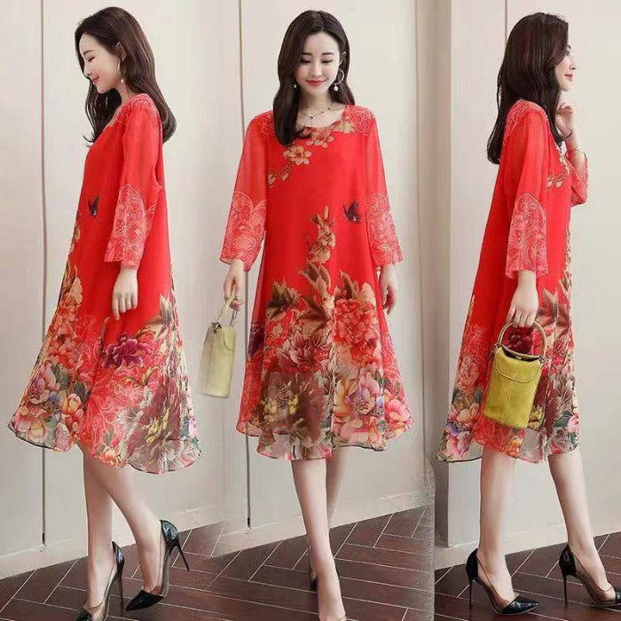 Mom'S Loose And Thin Floral Chiffon Skirt