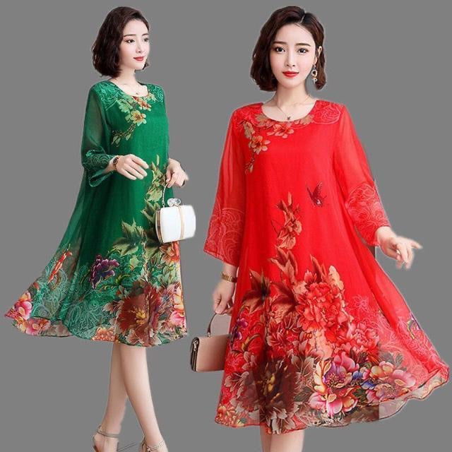 Mom'S Loose And Thin Floral Chiffon Skirt