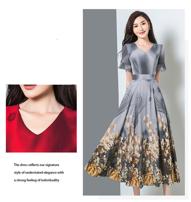 Long-Sleeved Dress With Big Swing Spring And Autumn Floral Fashion Noble Temperament V-Neck Printed Dress