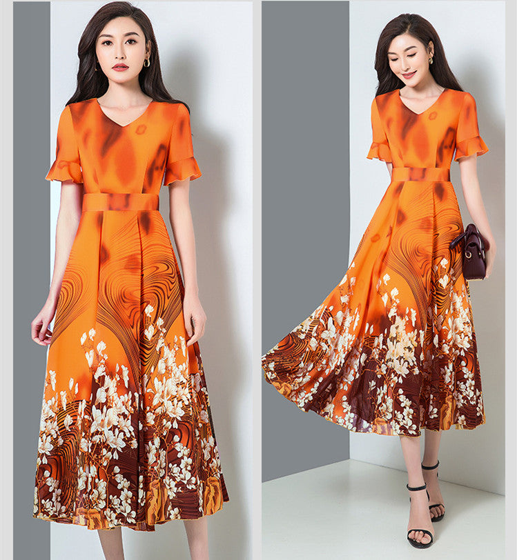 Long-Sleeved Dress With Big Swing Spring And Autumn Floral Fashion Noble Temperament V-Neck Printed Dress