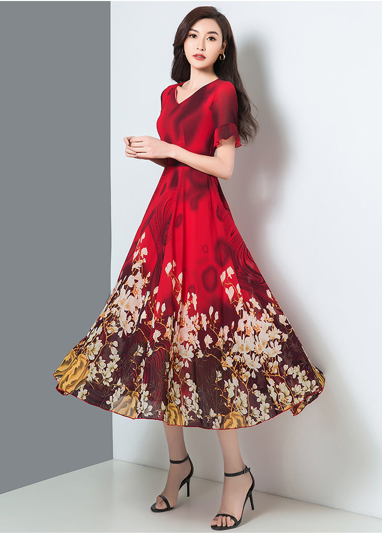 Long-Sleeved Dress With Big Swing Spring And Autumn Floral Fashion Noble Temperament V-Neck Printed Dress