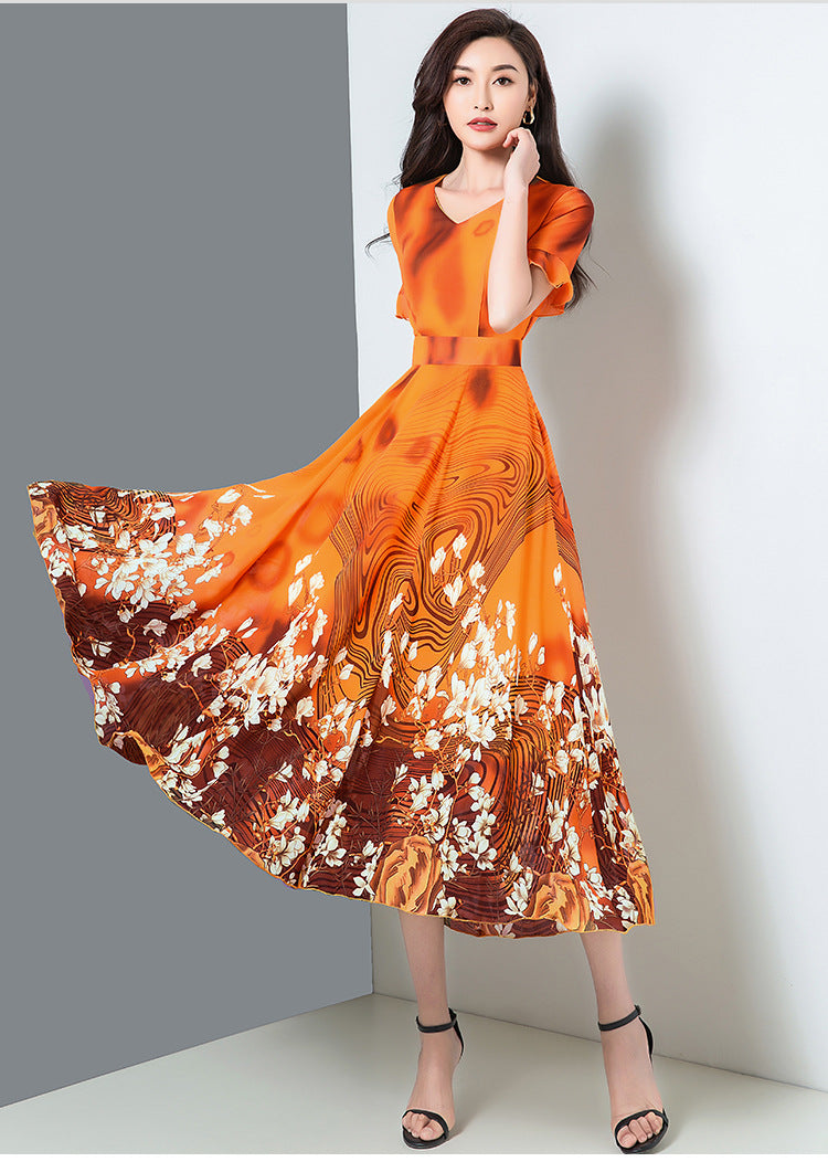 Long-Sleeved Dress With Big Swing Spring And Autumn Floral Fashion Noble Temperament V-Neck Printed Dress