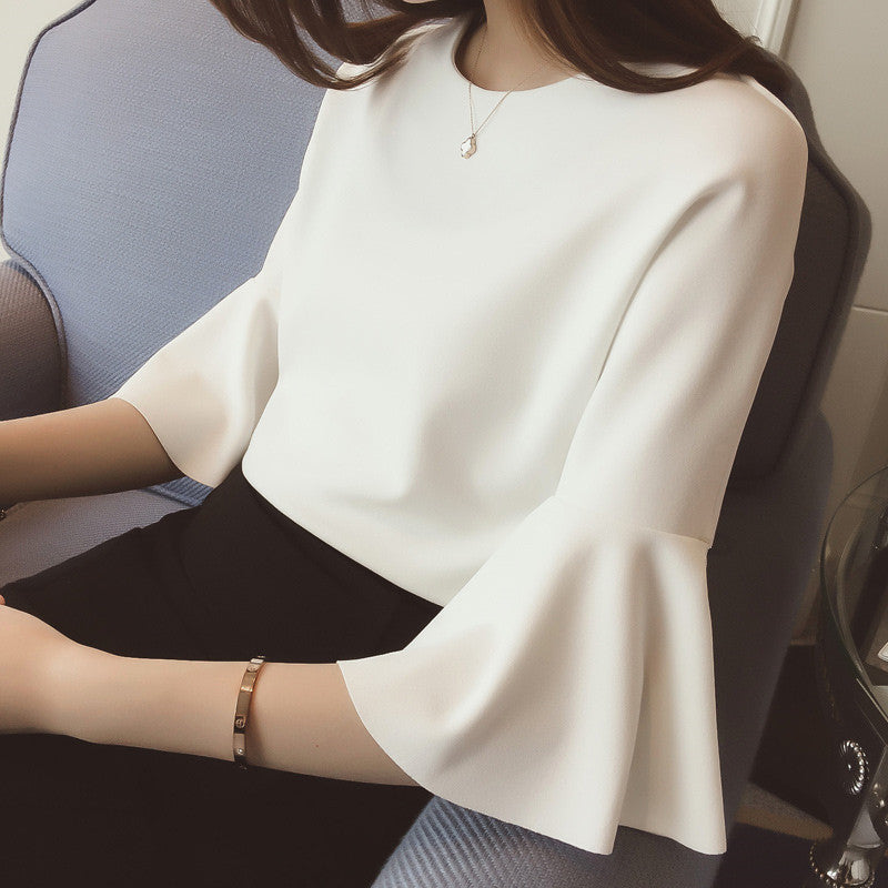 Autumn  Korean Style O Neckwomen T Shirtfemale Casual  Trumpet Sleeves White Top Tee Harajuku Elegant Ol Work Plus Size Clothing