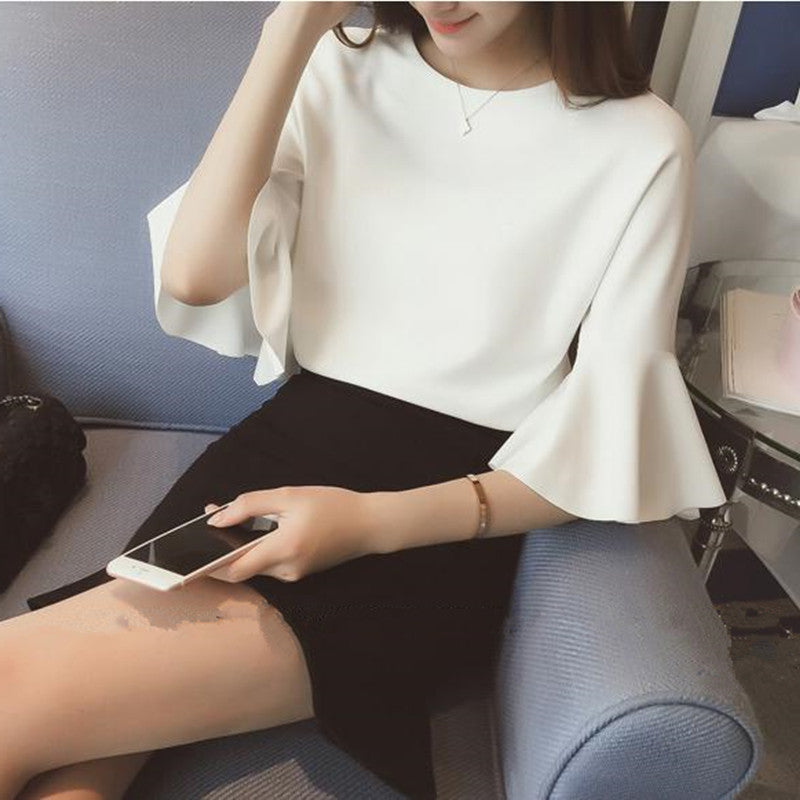 Autumn  Korean Style O Neckwomen T Shirtfemale Casual  Trumpet Sleeves White Top Tee Harajuku Elegant Ol Work Plus Size Clothing