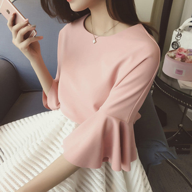 Autumn  Korean Style O Neckwomen T Shirtfemale Casual  Trumpet Sleeves White Top Tee Harajuku Elegant Ol Work Plus Size Clothing