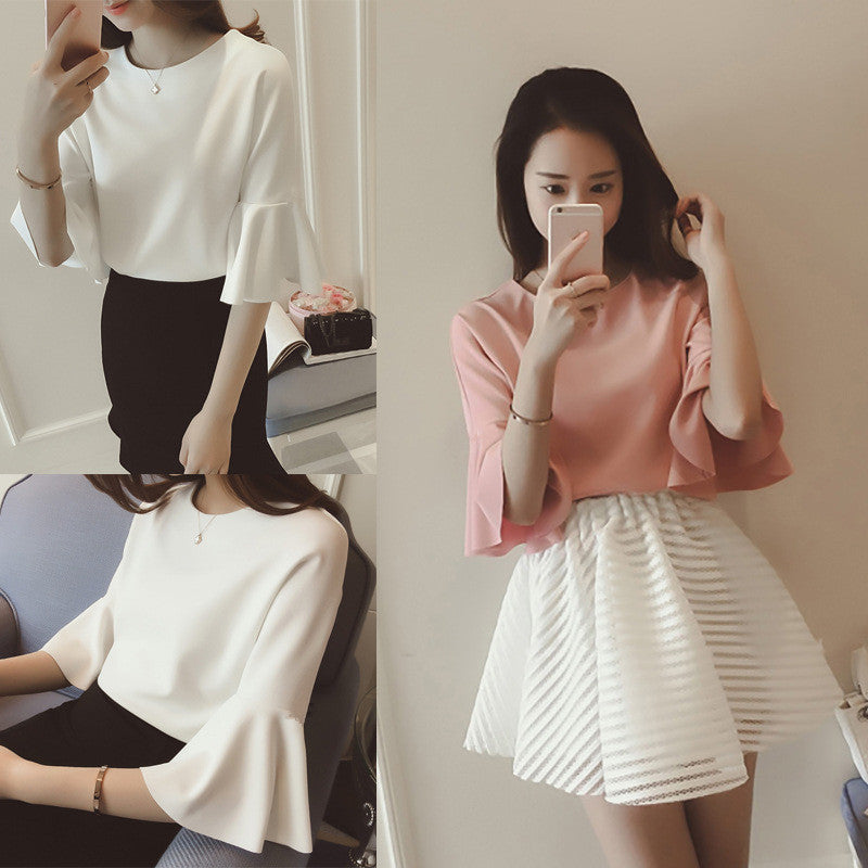 Autumn  Korean Style O Neckwomen T Shirtfemale Casual  Trumpet Sleeves White Top Tee Harajuku Elegant Ol Work Plus Size Clothing