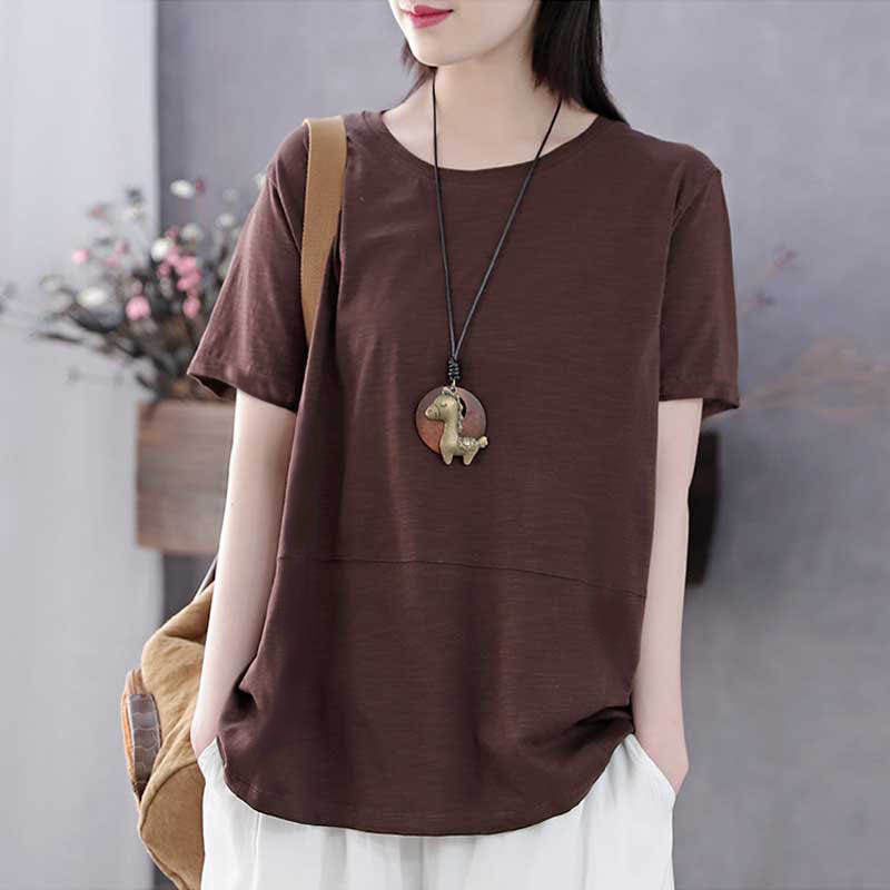 Literary Short-Sleeved All-Match Solid Color T-Shirt