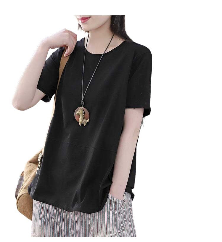 Literary Short-Sleeved All-Match Solid Color T-Shirt