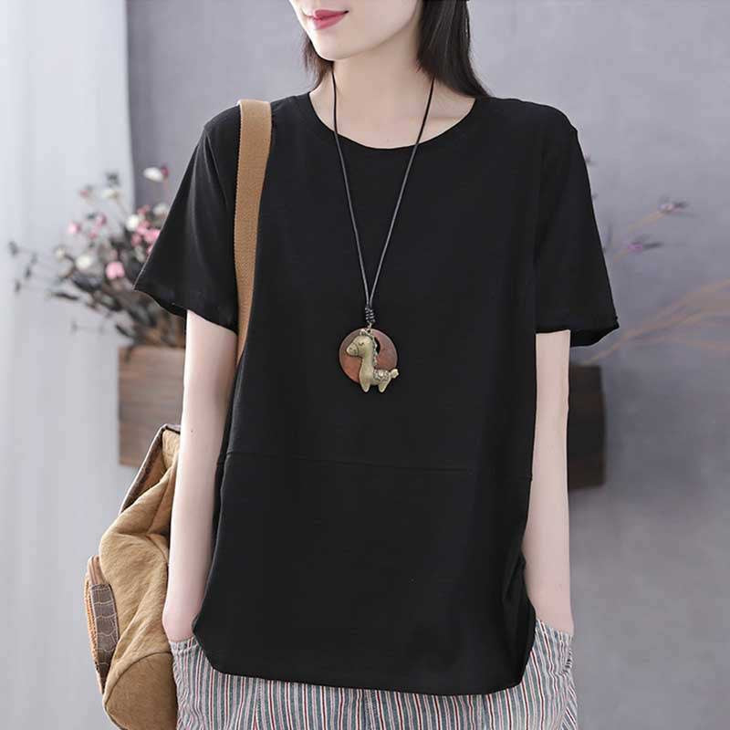Literary Short-Sleeved All-Match Solid Color T-Shirt