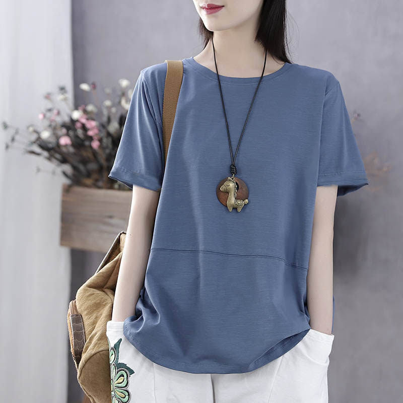Literary Short-Sleeved All-Match Solid Color T-Shirt