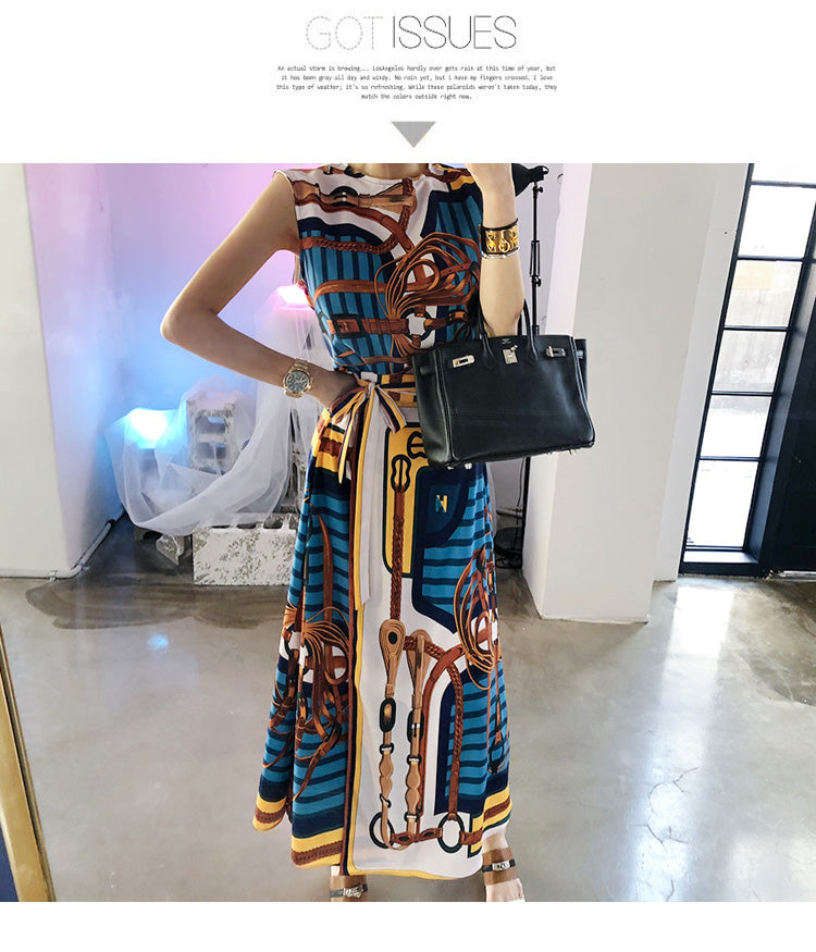 Summer High Quality 2 Piece Set Women'S Sleeveless Vintage Printed Chiffon Irregular Shirt Top And Lace-Up Long Skirt