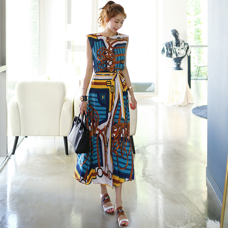 Summer High Quality 2 Piece Set Women'S Sleeveless Vintage Printed Chiffon Irregular Shirt Top And Lace-Up Long Skirt