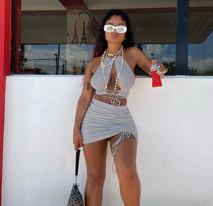 Halter Strap Hollow Vest Drawstring Short Skirt Sexy Suit