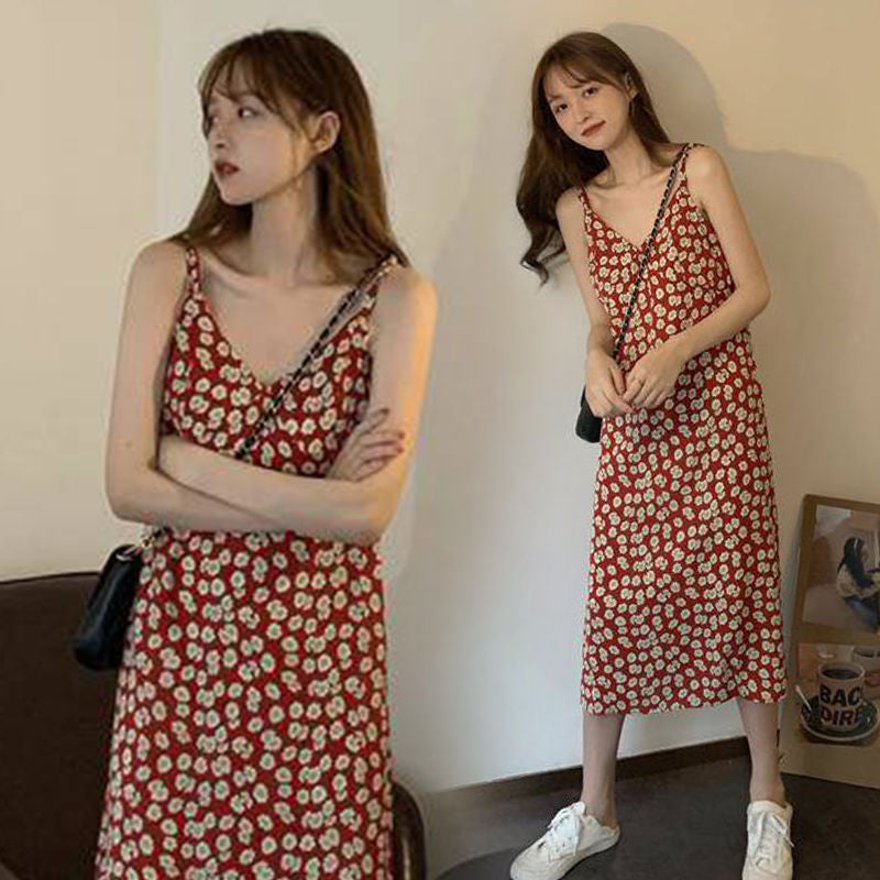 Spring New Little Daisy Dress Women's Korean Mid-Length Temperament V-Neck Floral Sleeveless Sling Dress