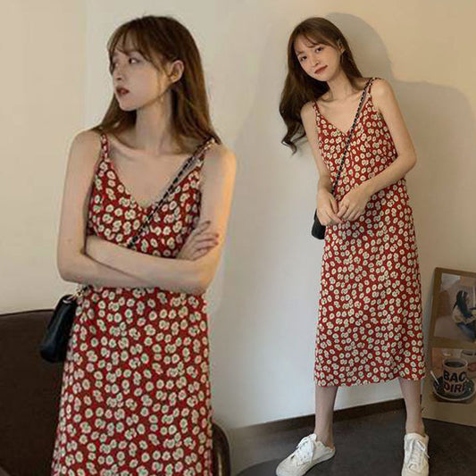 Spring New Little Daisy Dress Women's Korean Mid-Length Temperament V-Neck Floral Sleeveless Sling Dress