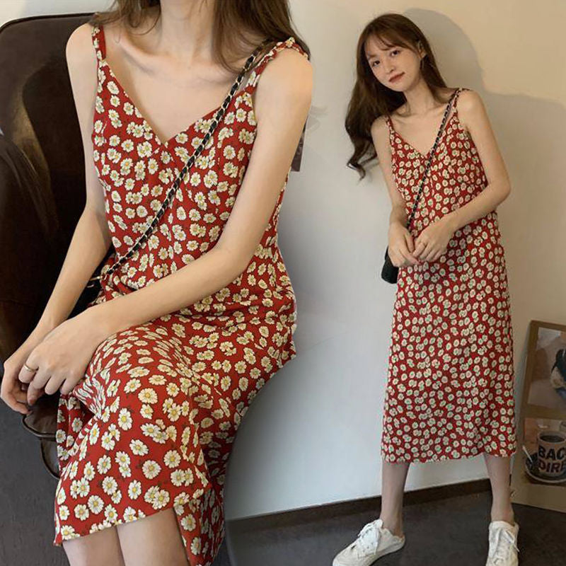 Spring New Little Daisy Dress Women's Korean Mid-Length Temperament V-Neck Floral Sleeveless Sling Dress