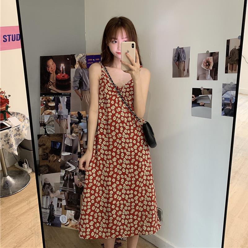 Spring New Little Daisy Dress Women's Korean Mid-Length Temperament V-Neck Floral Sleeveless Sling Dress