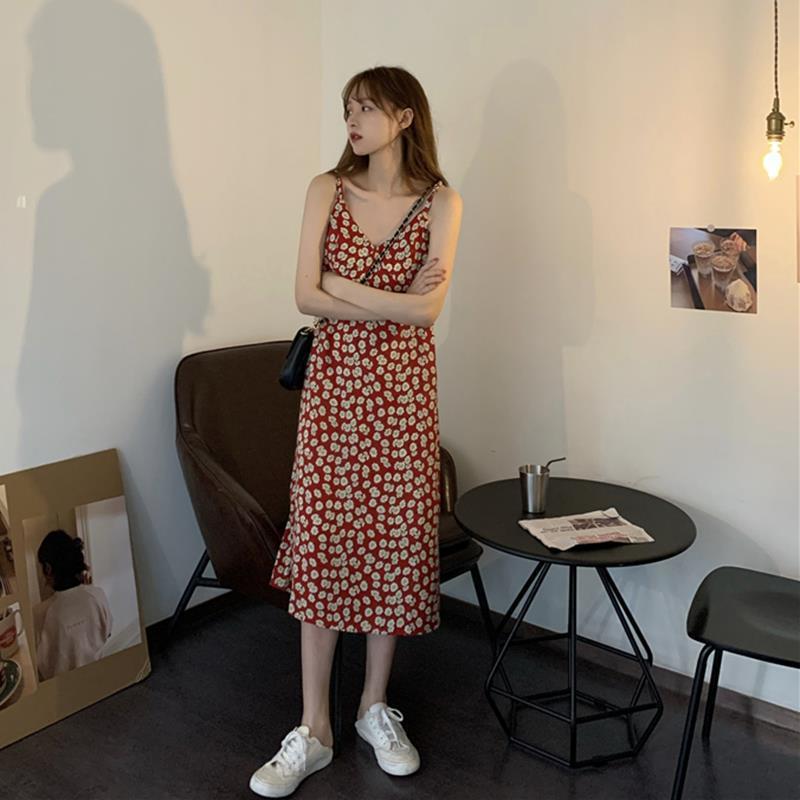 Spring New Little Daisy Dress Women's Korean Mid-Length Temperament V-Neck Floral Sleeveless Sling Dress