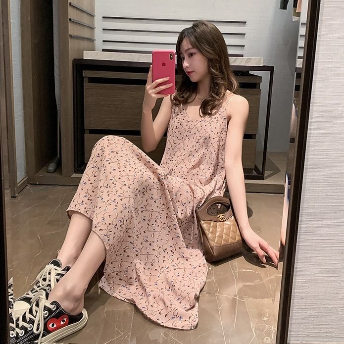 Floral Sling Skirt Female Spring Loose And Thin Mid-Length French Chiffon Dress, Summer Tide