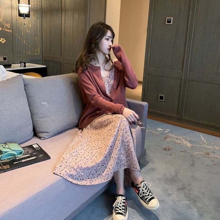 Floral Sling Skirt Female Spring Loose And Thin Mid-Length French Chiffon Dress, Summer Tide