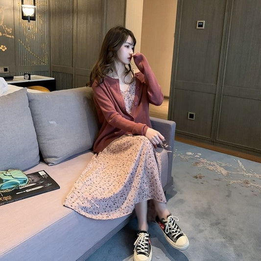 Floral Sling Skirt Female Spring Loose And Thin Mid-Length French Chiffon Dress, Summer Tide